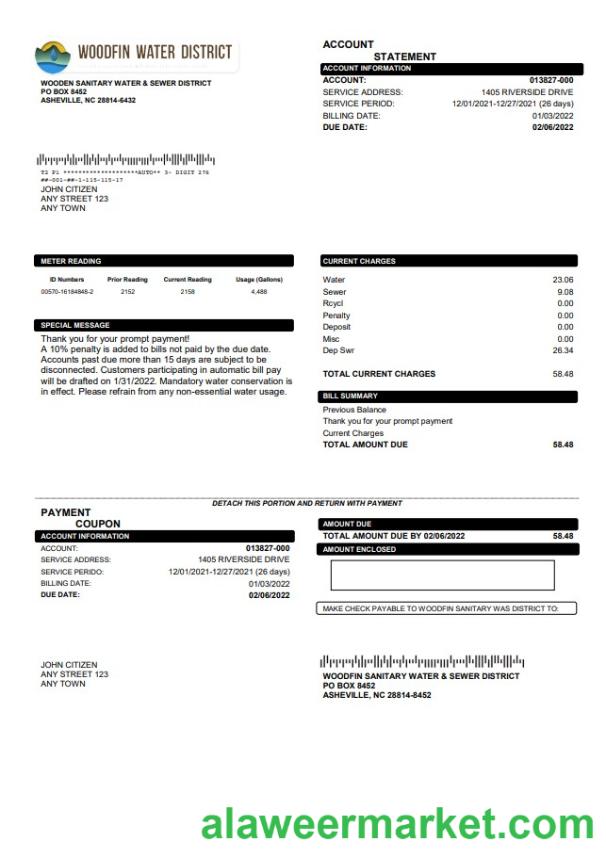 USA North Carolina Woodfin Sanitary Water & Sewer District utility bill template in Word and PDF format